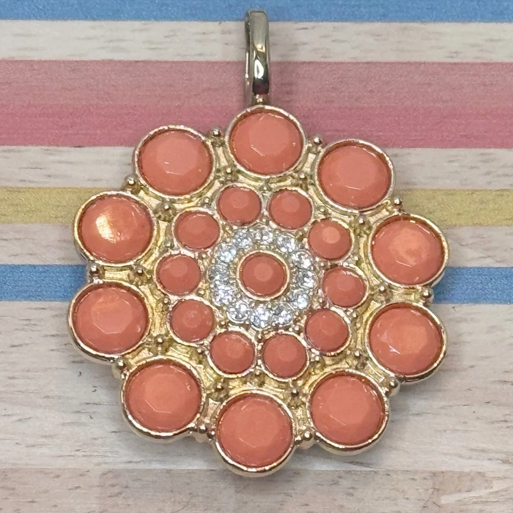 Premier Designs Coral Gold Pendant Brooch Convertible Floral Rhinestone